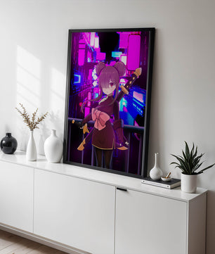 Personaje de anime con espadas y fondo de paisaje urbano neón