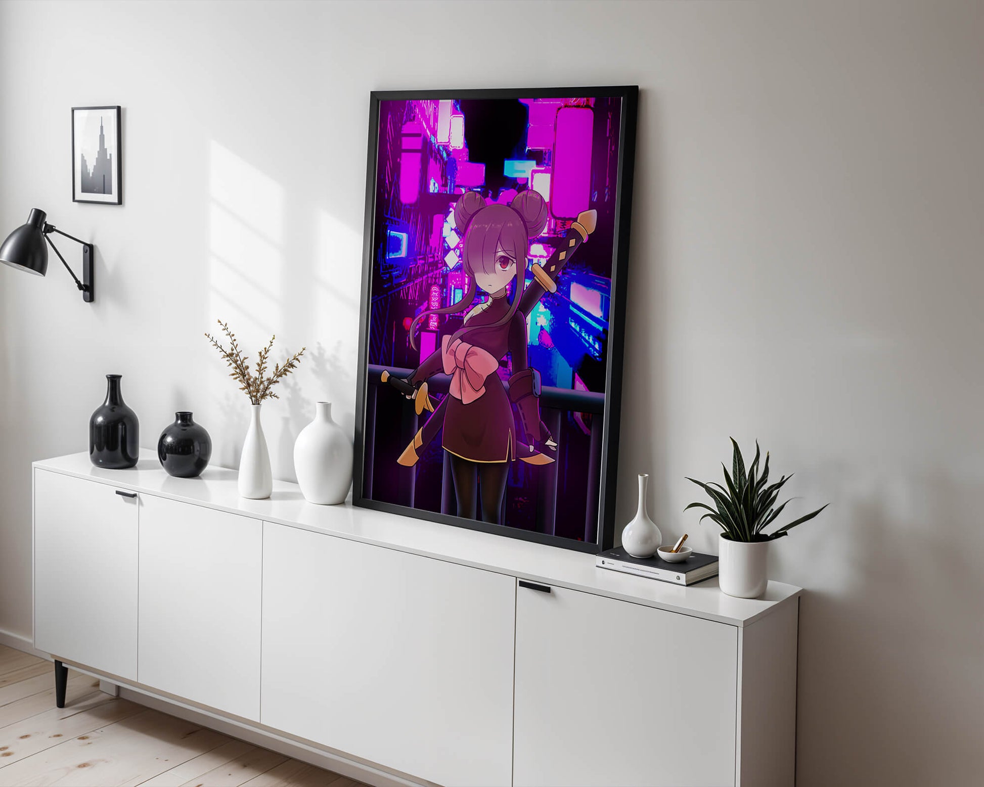 Anime Character with Swords and Neon Cityscape Background