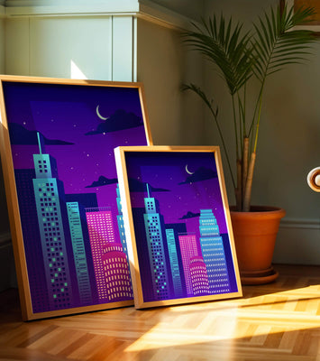 Vibrant city skyline at night with modern skyscrapers and starry sky