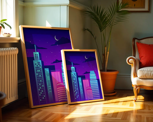 Vibrant city skyline at night with modern skyscrapers and starry sky