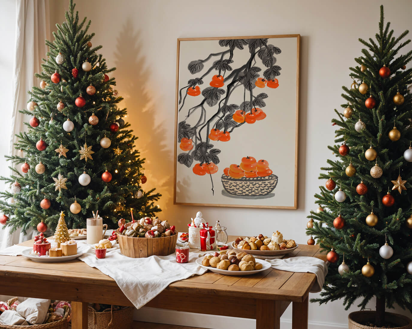 Artistic depiction of hanging persimmons with basket on watercolor canvas