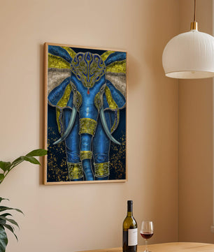 Blue and gold ornate elephant with intricate patterns