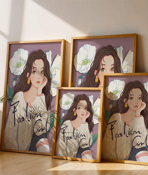 Illustrated fashion girl with floral background and purple theme