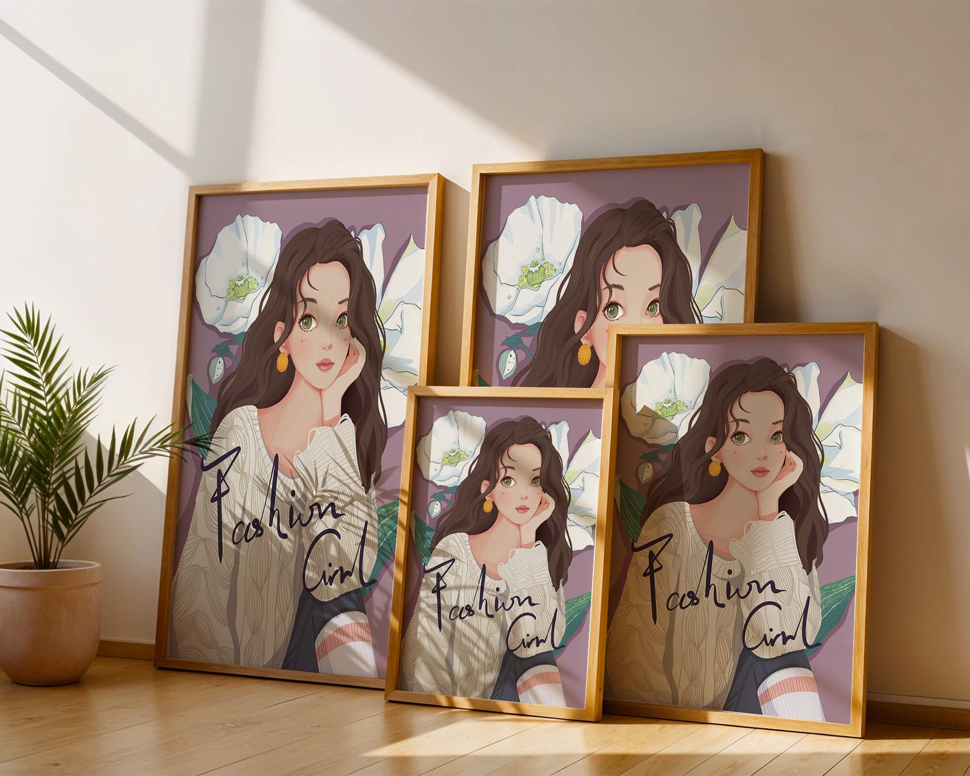 Illustrated fashion girl with floral background and purple theme