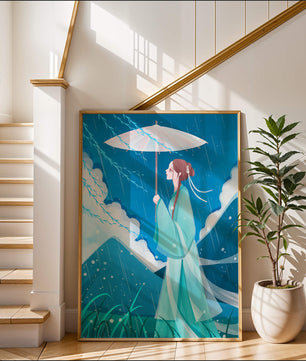 Porträt einer Frau mit Regenschirm in einer verregneten Berglandschaft