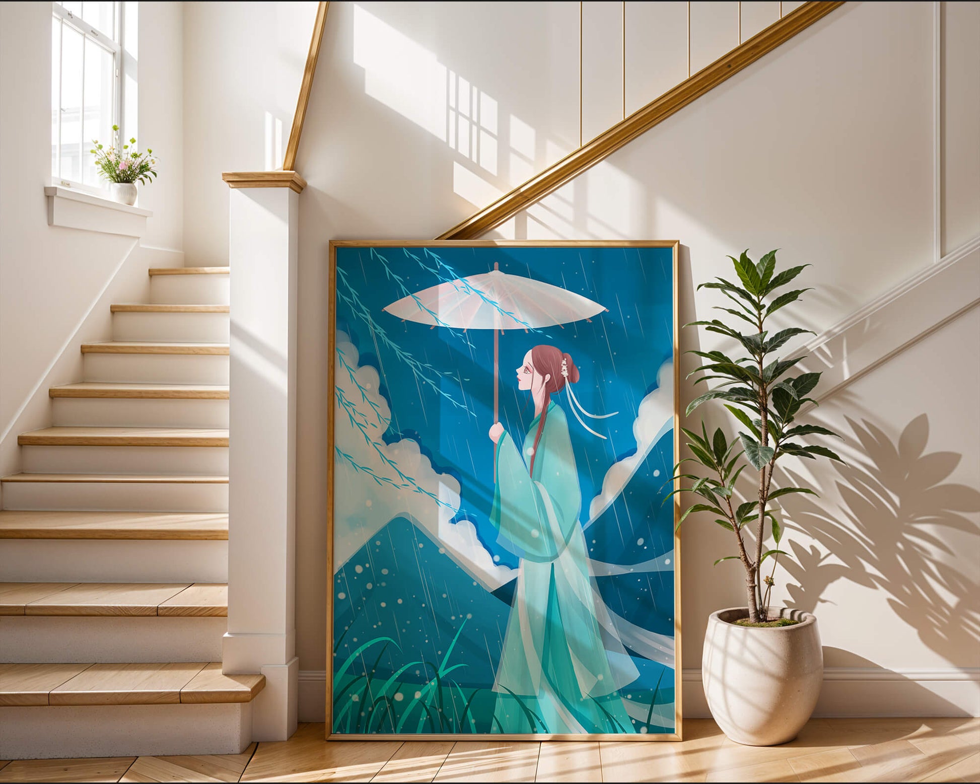 Porträt einer Frau mit Regenschirm in einer verregneten Berglandschaft