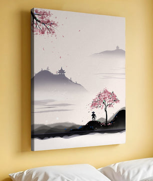 Paisaje sereno con árbol de cerezo y pagodas distantes
