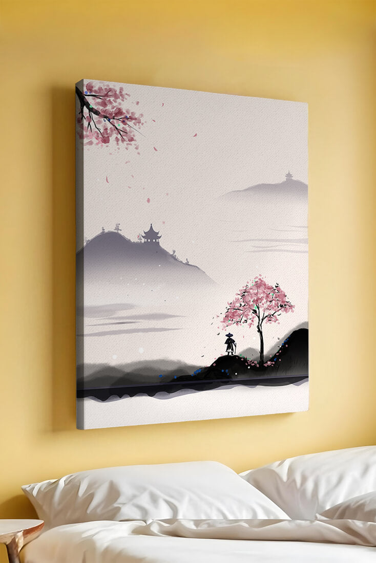 Paisaje sereno con árbol de cerezo y pagodas distantes