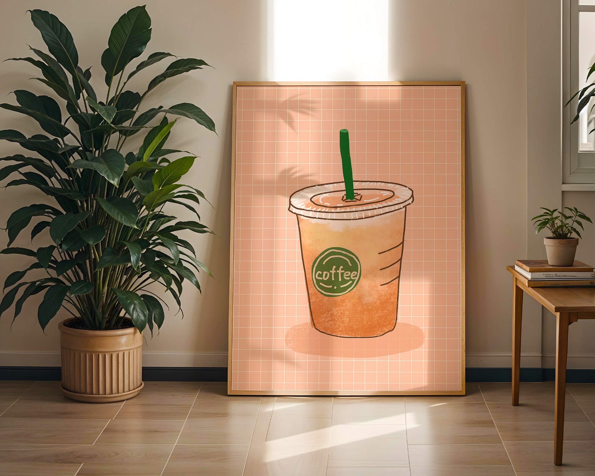 Illustrated iced coffee cup on peach grid background