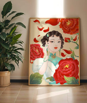 Mujer elegante rodeada de vibrantes flores y pétalos rojos