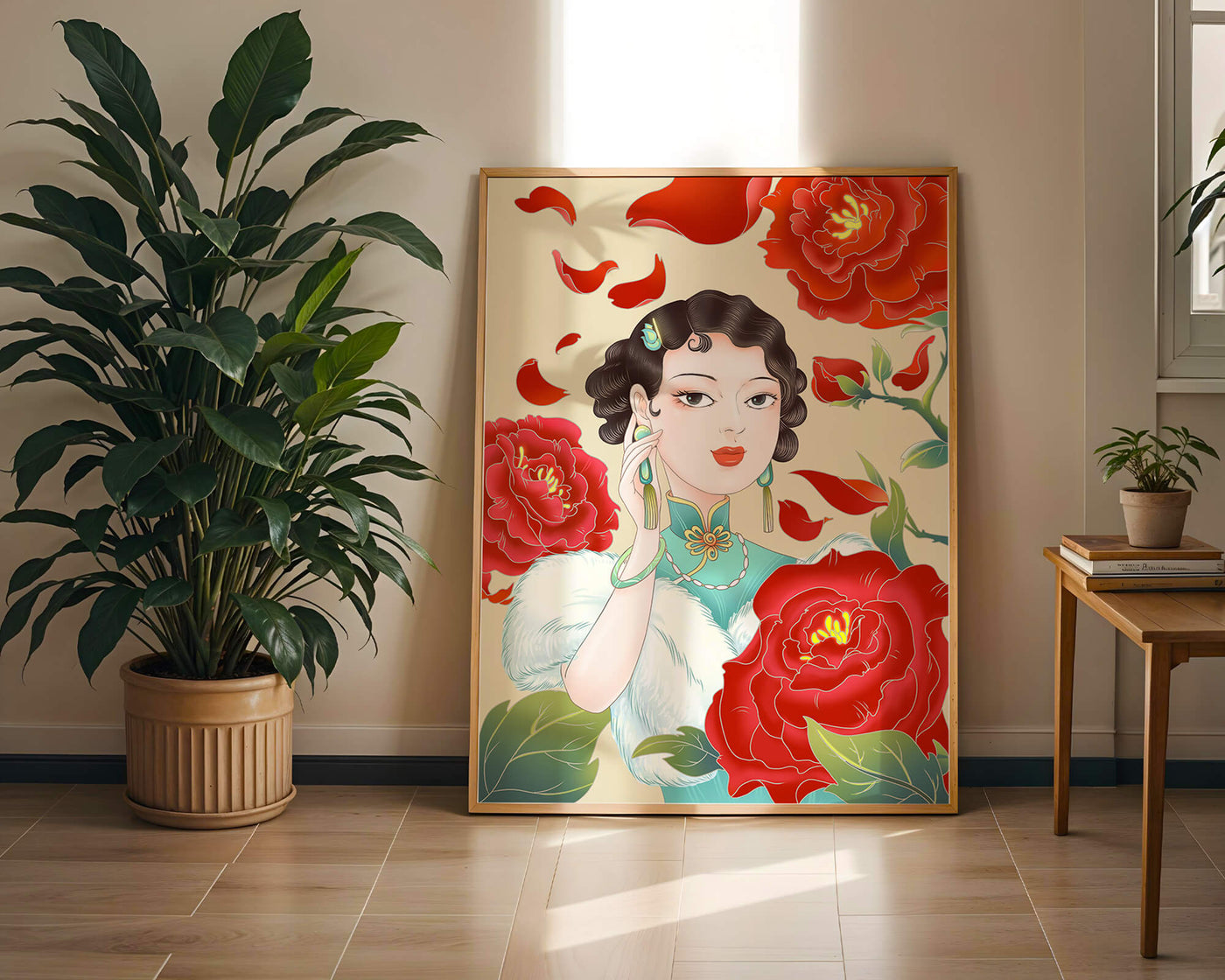 Elegant woman surrounded by vibrant red flowers and petals