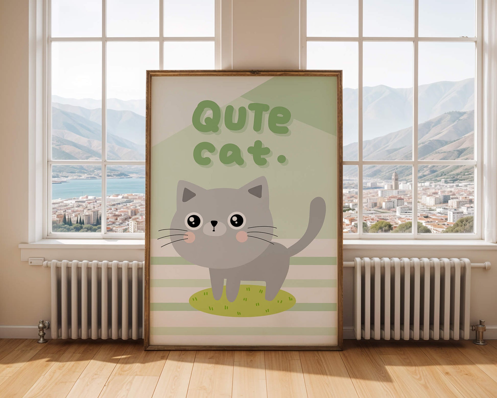 Adorable cartoon cat illustration on pastel background
