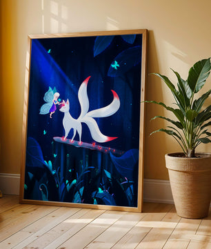 Enchanted forest with fairy and mystical creature under moonlit sky
