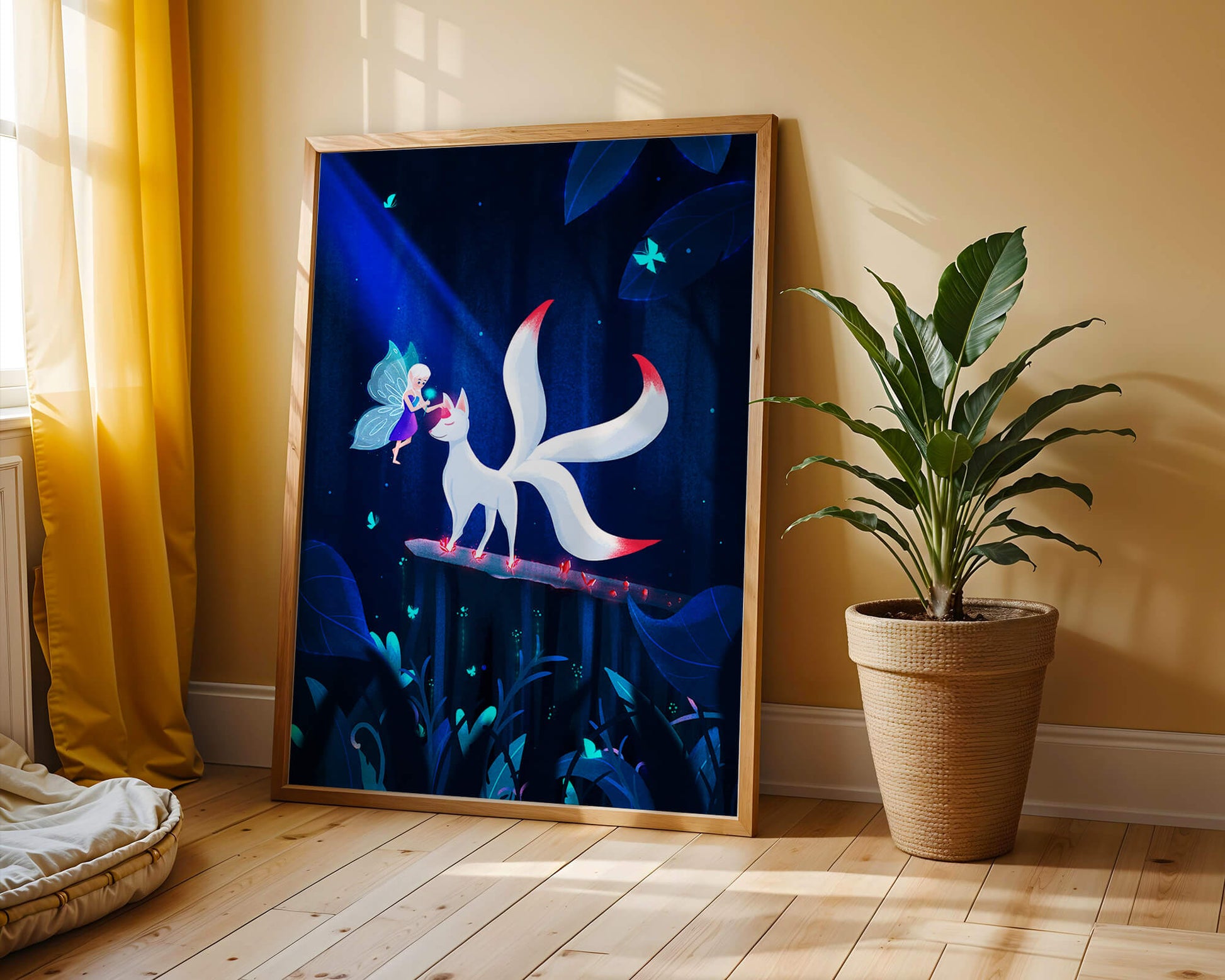 Enchanted forest with fairy and mystical creature under moonlit sky