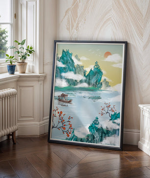 Serene lake scene with traditional boat and mountains under morning sun