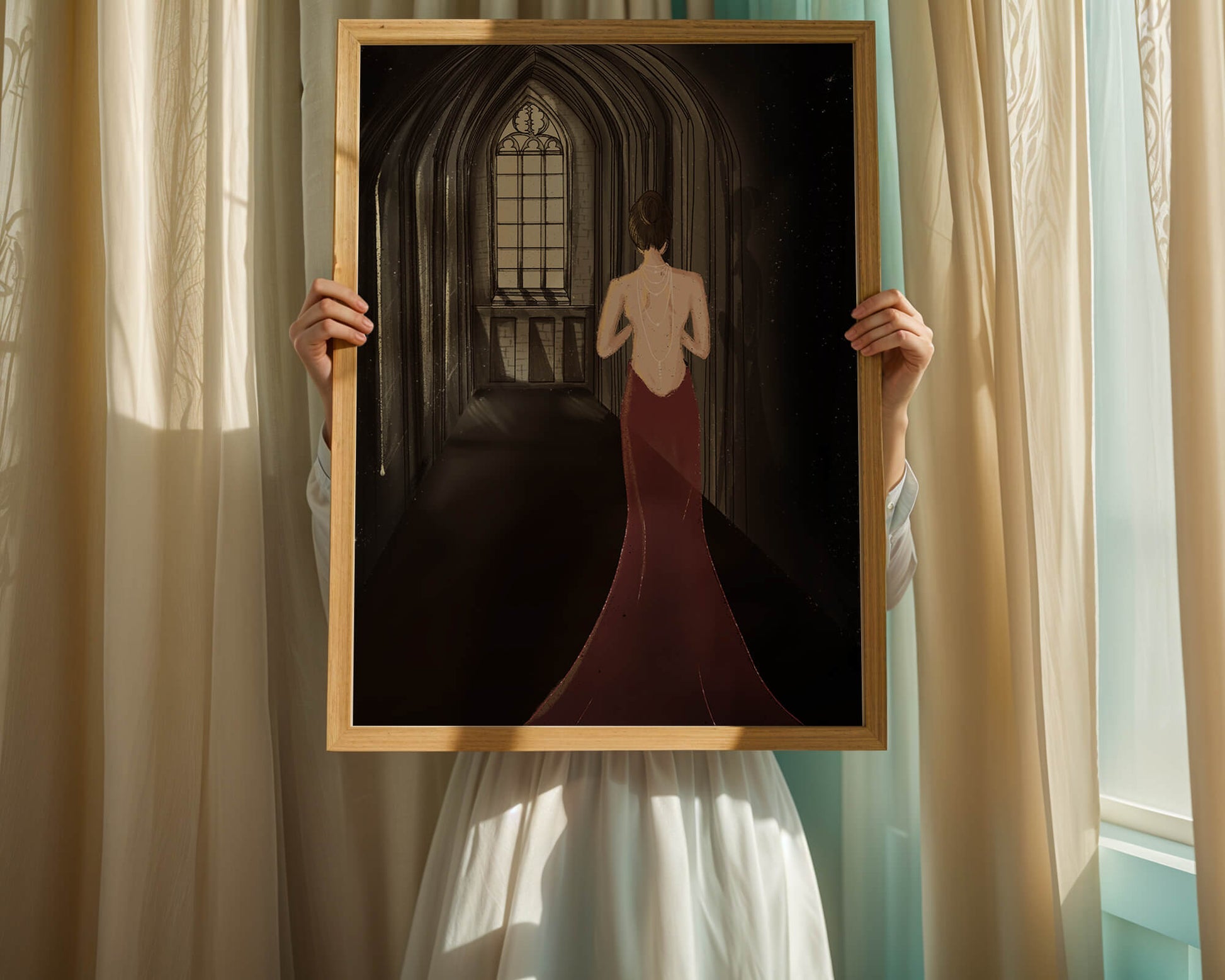 Elegant woman in a red dress inside a gothic hallway