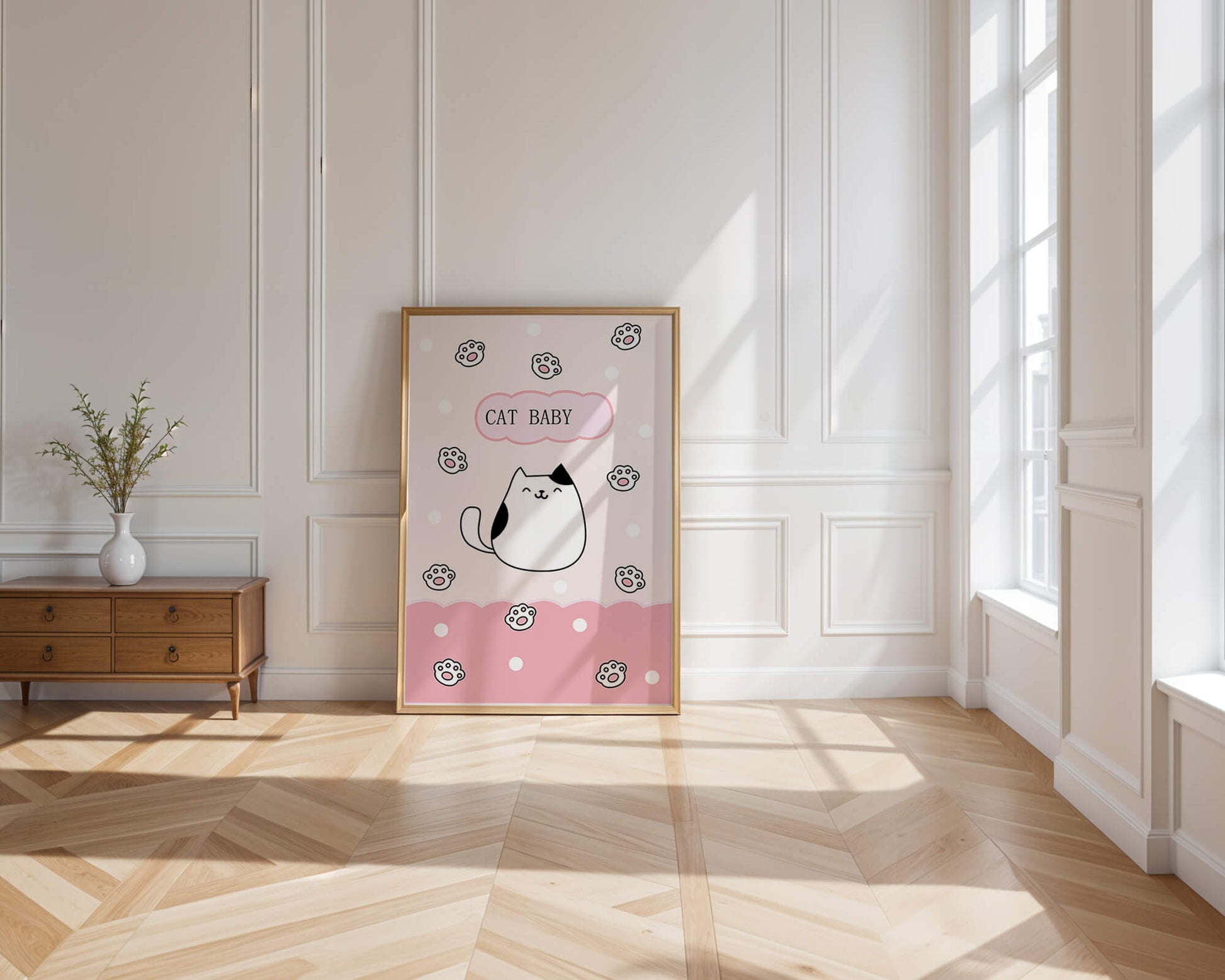 Adorable cat baby illustration with cute paw prints and polka dots