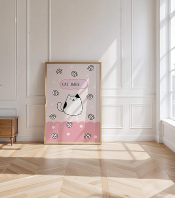 Adorable cat baby illustration with cute paw prints and polka dots