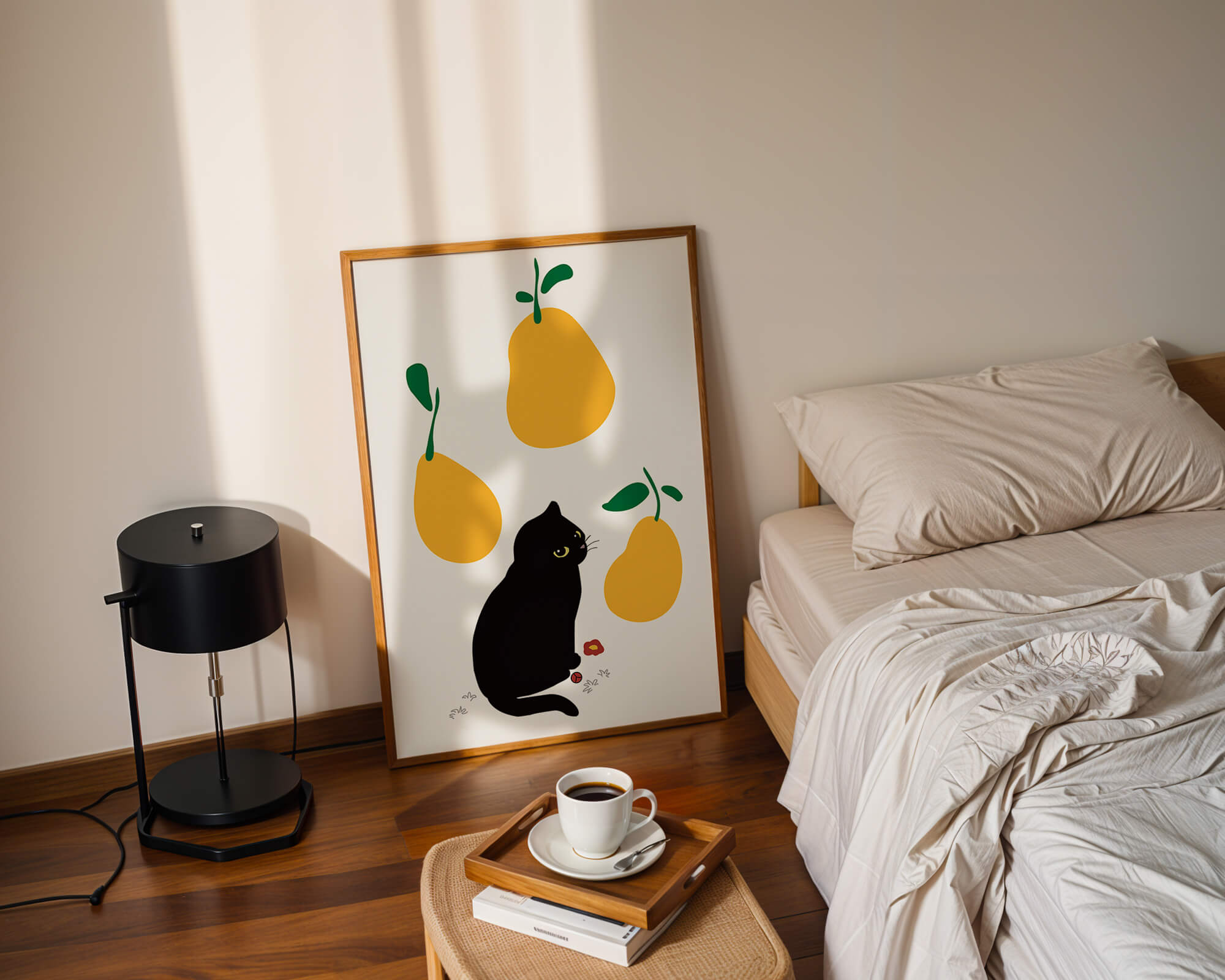 Illustration of black cat with yellow pears and green leaves