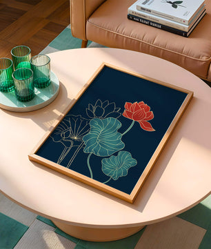 Elegant Floral Illustration with Vibrant Lotus and Gold Outlines on Dark Background
