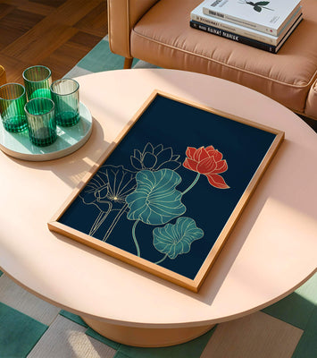 Elegant Floral Illustration with Vibrant Lotus and Gold Outlines on Dark Background