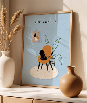 Charming Cat Relaxing on a Chair with Inspirational Quote and Art