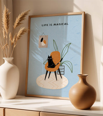 Charming Cat Relaxing on a Chair with Inspirational Quote and Art