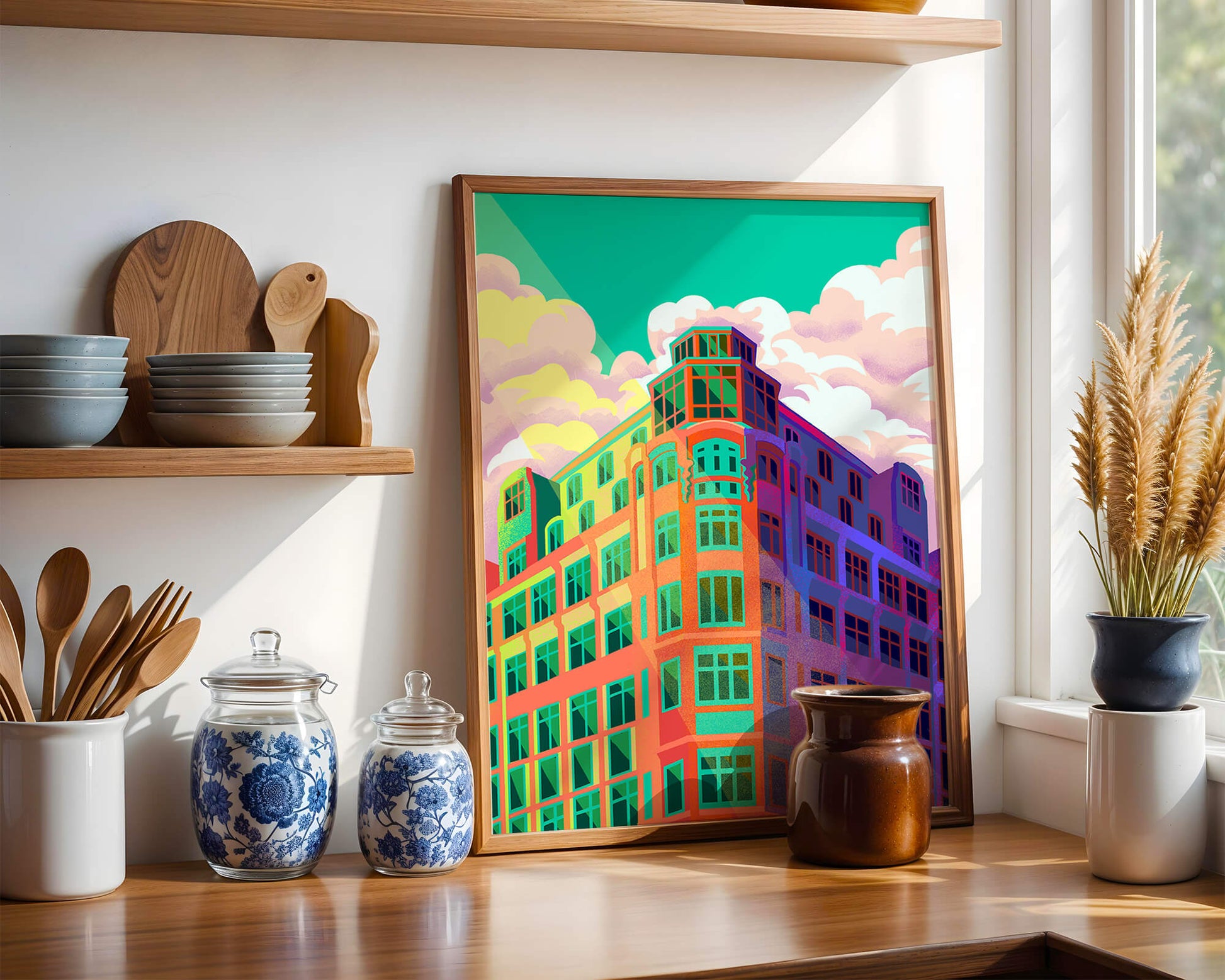 Colorful geometric building with vibrant sky