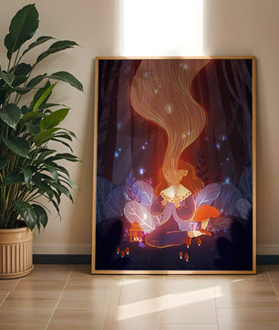 Magical forest scene with lantern and glowing hair