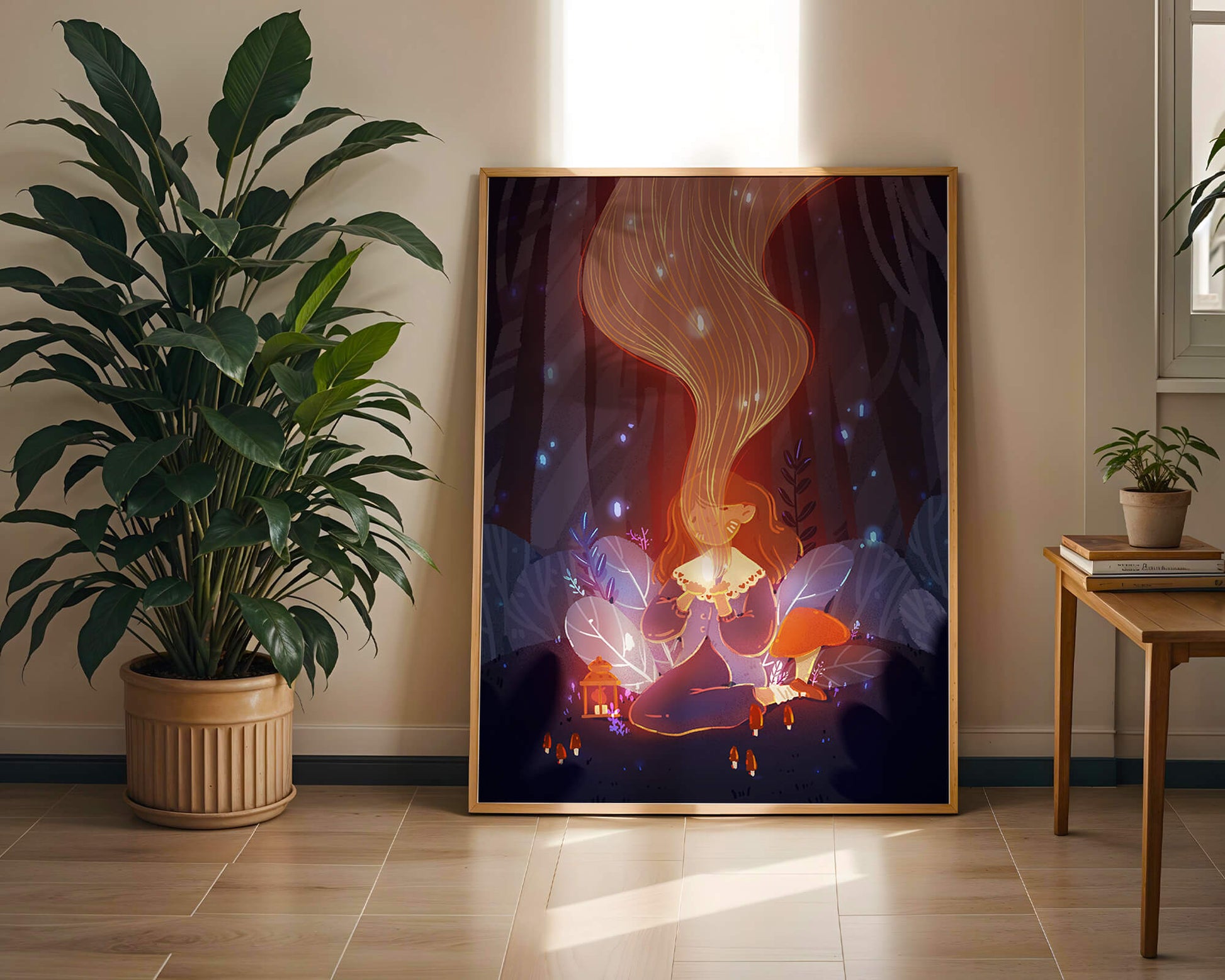 Magical forest scene with lantern and glowing hair