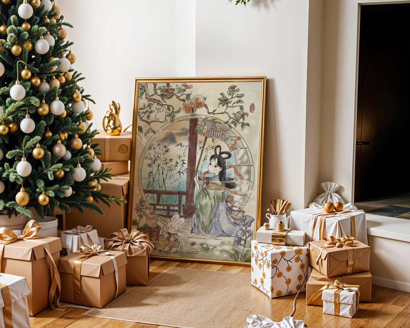 Escena de jardín tranquilo con una niña y un conejo