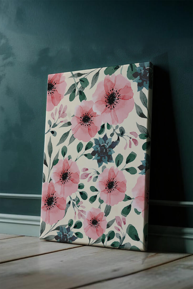 Floral Watercolor Pattern with Pink Flowers and Green Leaves