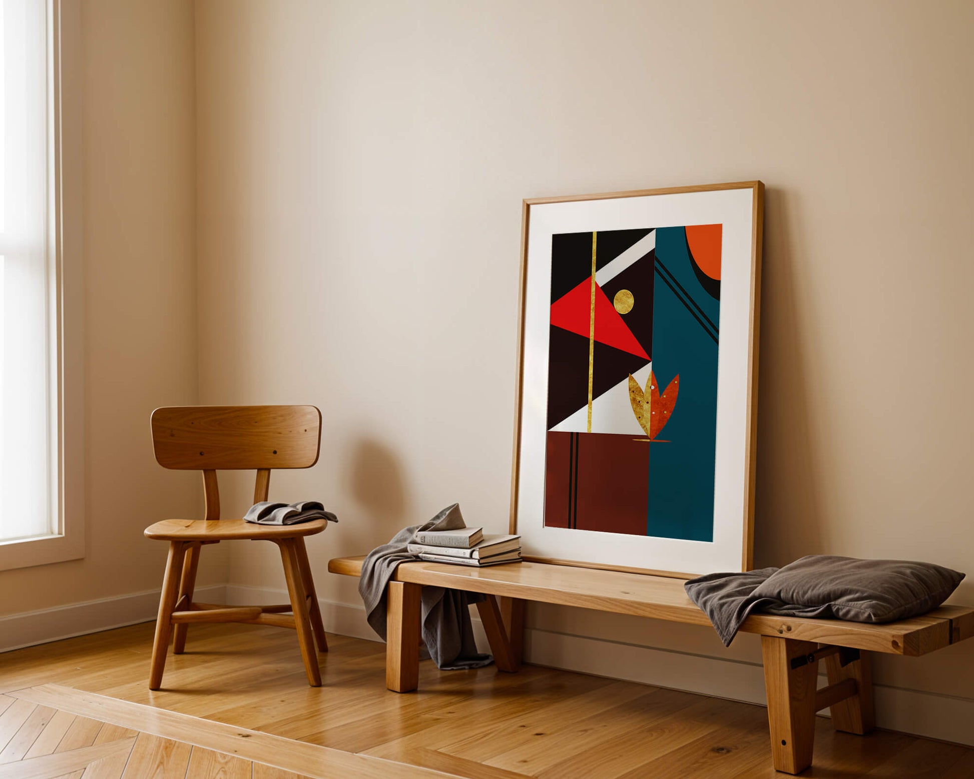 Geometrische abstrakte Kunst mit Gold und kräftigen Formen