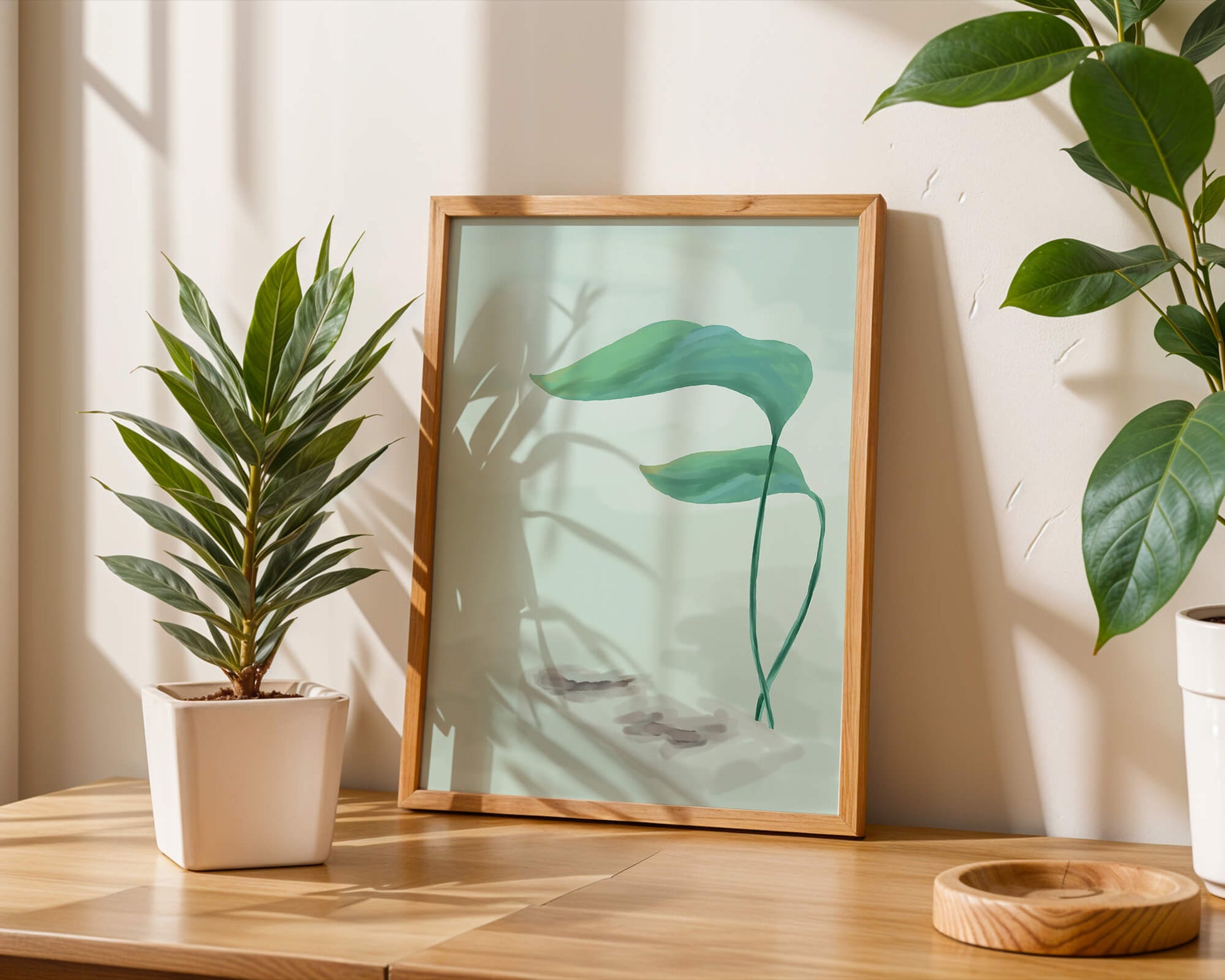 Minimalistic Art of Green Leaves on Abstract Background