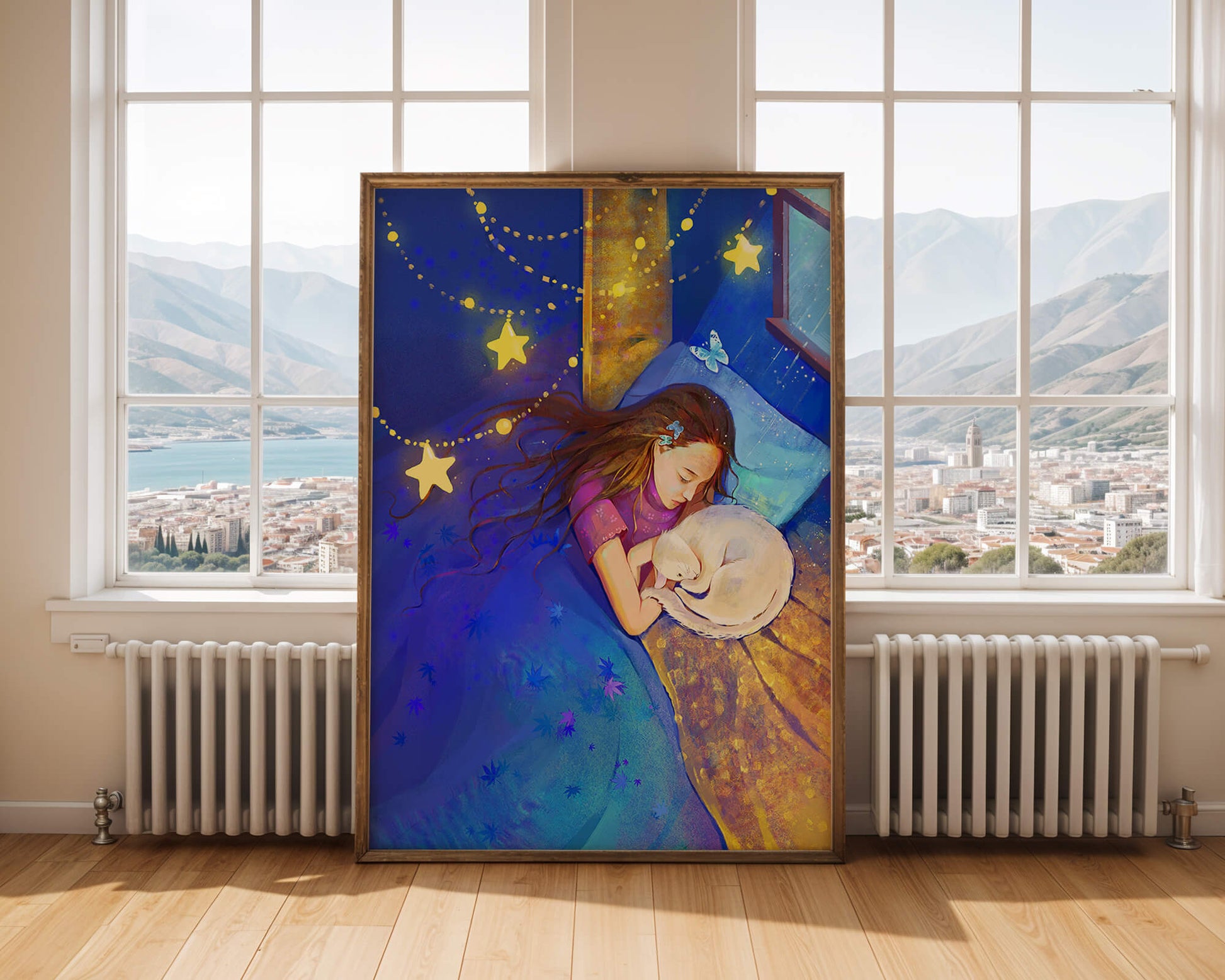 Girl sleeping with cat under starry night sky