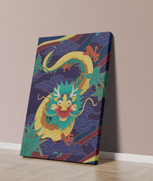 Illustration de dragon coloré avec des nuages ​​et des éléments de feuillage