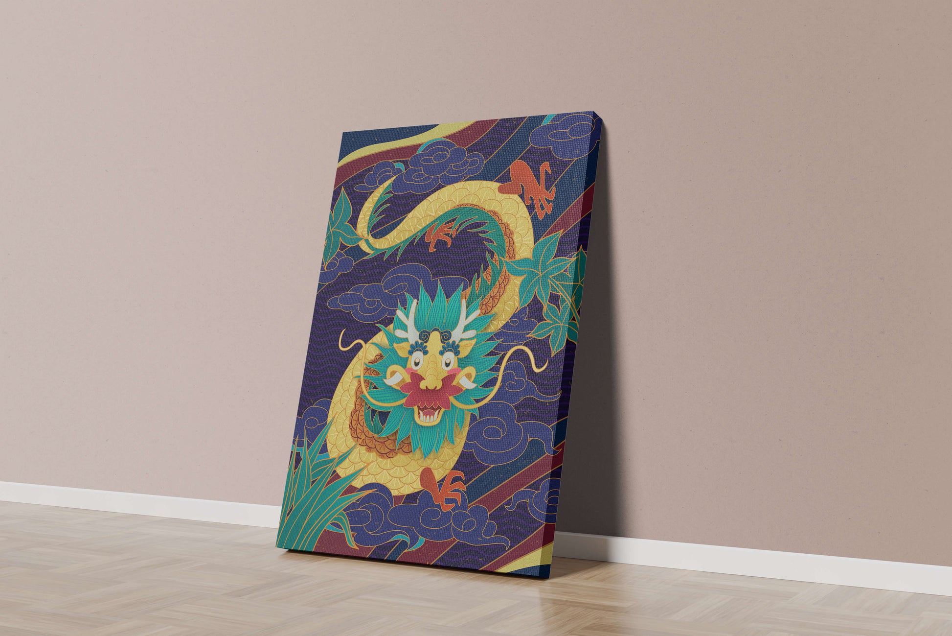 Illustration de dragon coloré avec des nuages ​​et des éléments de feuillage
