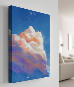 Whimsical illustration of superboy with dreamy cloudscape