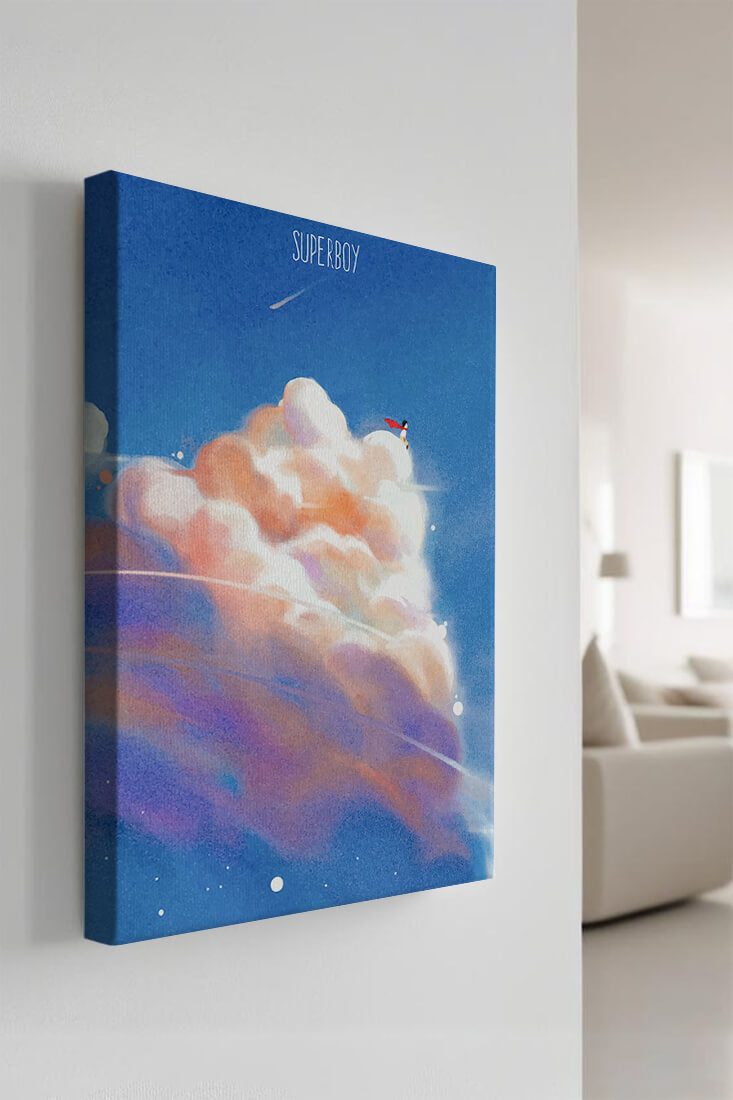 Whimsical illustration of superboy with dreamy cloudscape
