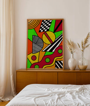 Vibrant geometric abstract artwork with bold colors and shapes