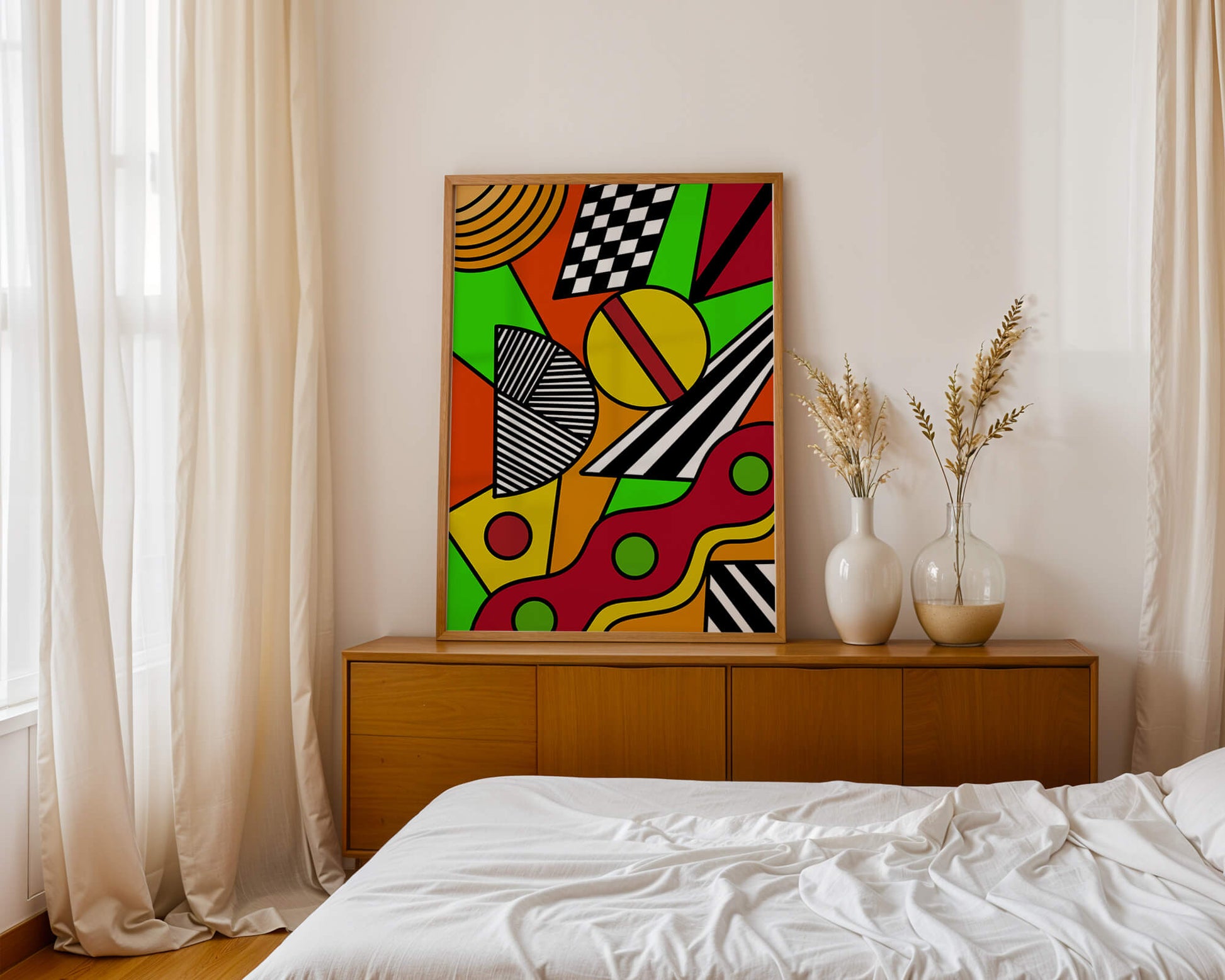 Vibrant geometric abstract artwork with bold colors and shapes