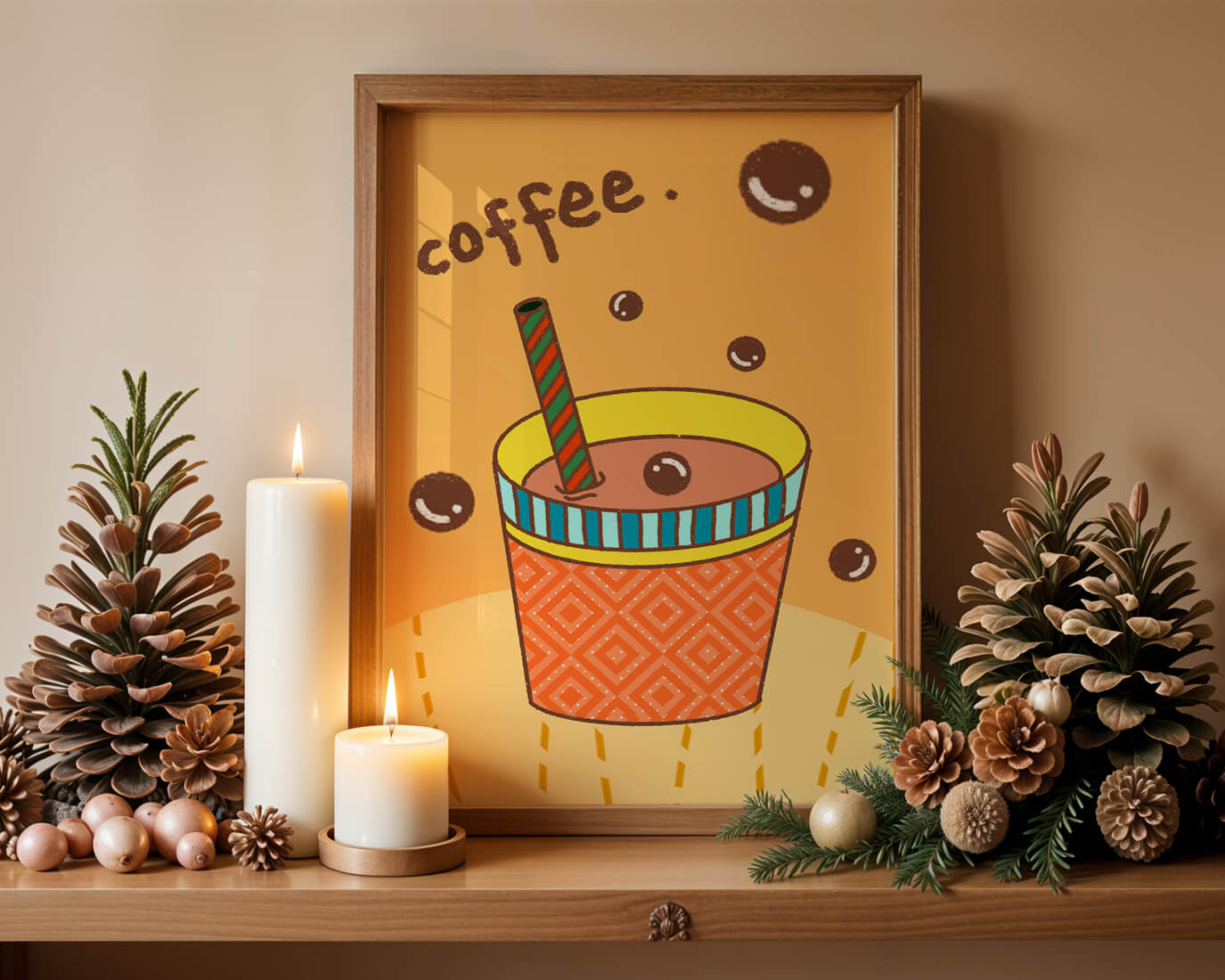 Colorful coffee cup illustration with bubbles and straw