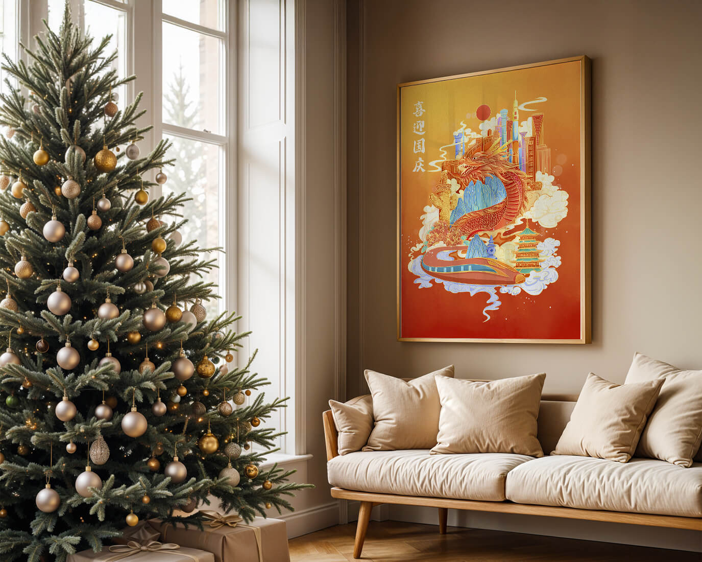 Colorful dragon and cityscape illustration with pagodas and mountains
