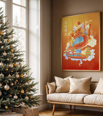 Colorful dragon and cityscape illustration with pagodas and mountains