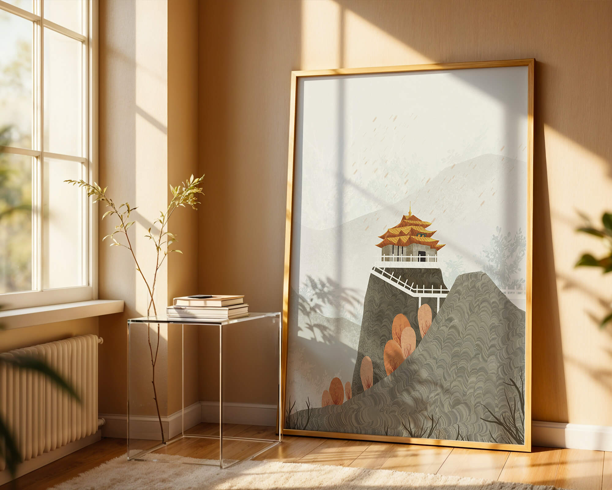 Serene mountain landscape with traditional Asian architecture