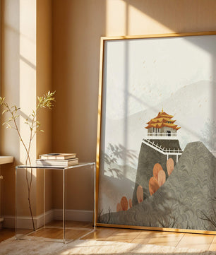 Serene mountain landscape with traditional Asian architecture