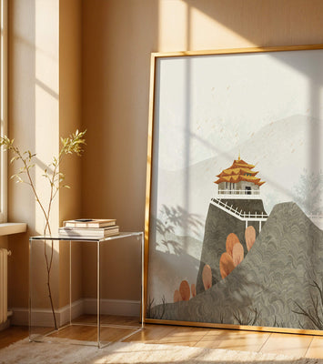 Serene mountain landscape with traditional Asian architecture