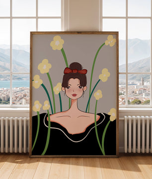 Ilustración de una mujer con fondo floral y lazo rojo