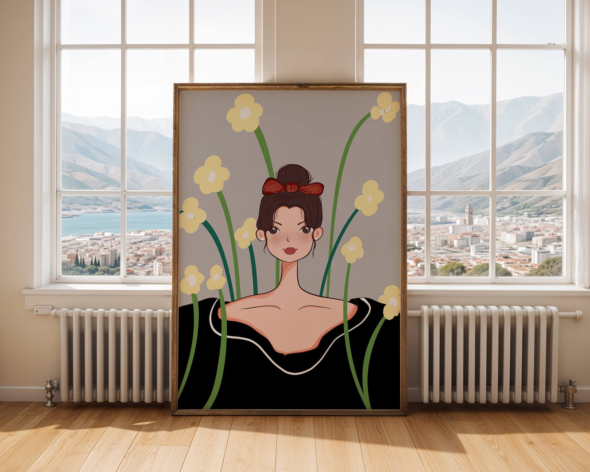 Illustration of a woman with floral background and red bow