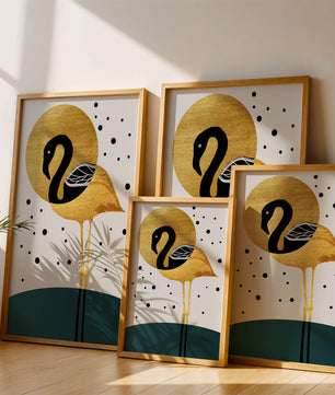 Ilustración elegante de flamenco dorado y negro con elementos de puntos abstractos